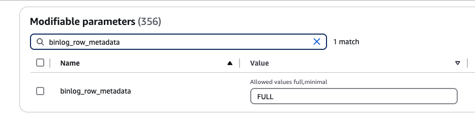 Метаданные строк binlog установлены в FULL