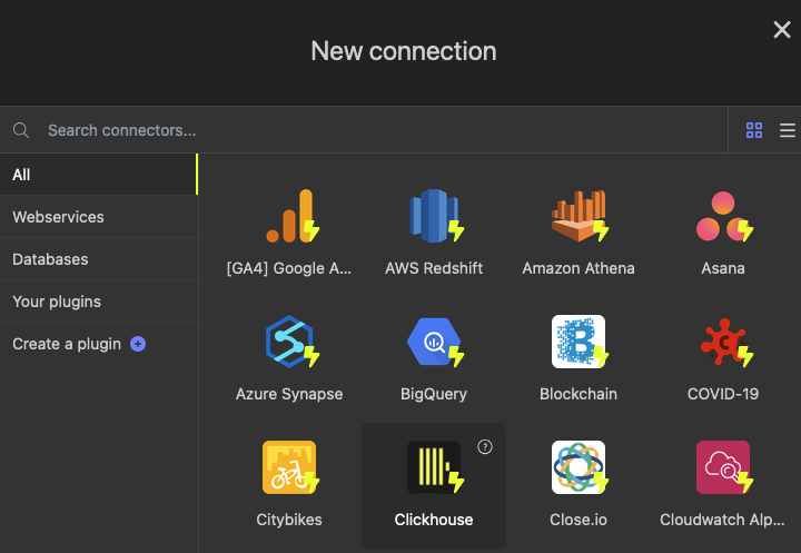 Интерфейс Luzmo, показывающий диалоговое окно Create a New Connection с выбранным ClickHouse